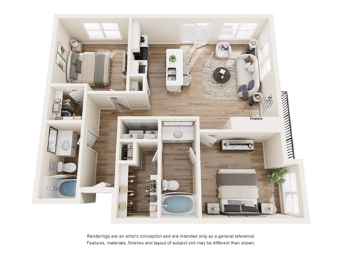Floor plan for 2 beds, 2 baths, 1099 sqft